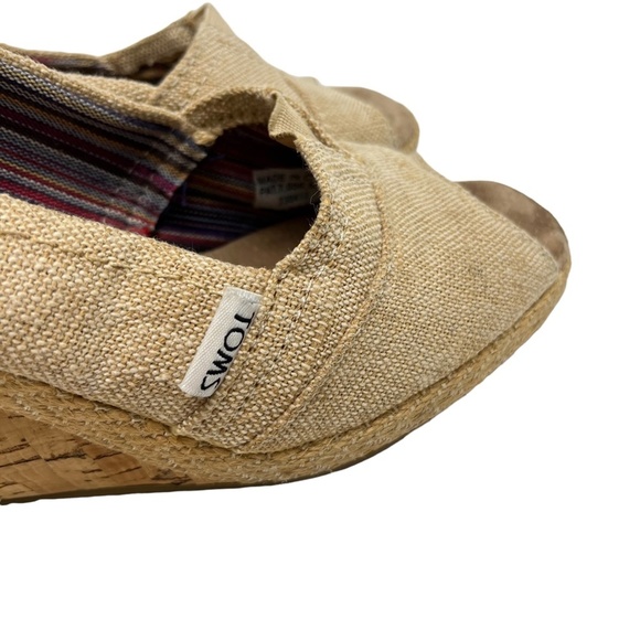 TOMS Wedges Peep Toe Cork Canvas Burlap Espadrilles High Heels Shoes Beige sz 6 - Picture 4 of 16